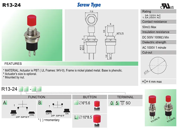 R13-24 botão de reinicialização momentâneo com travamento automático SCI, botão de pressão de plástico vermelho, amarelo, branco, preto e verde, interruptor snap-in