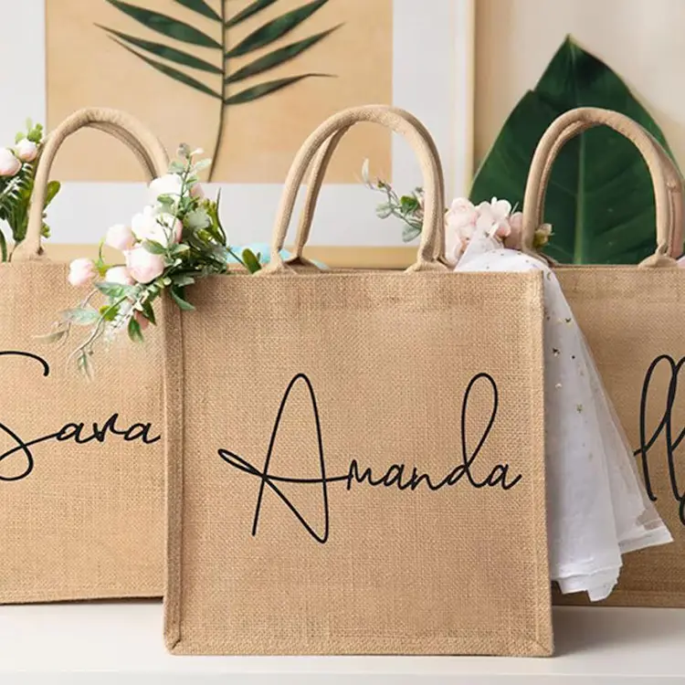 Sac d'épicerie en jute laminé PE imperméable avec logo personnalisé sac à provisions en jute lin écologique sac fourre-tout en toile de jute avec logos en gros