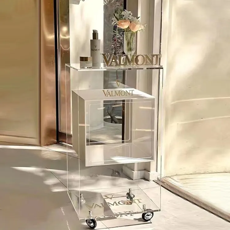 カスタム美容機器トロリー透明ラックリビングルームダイニングルームアクリルサイドテーブル