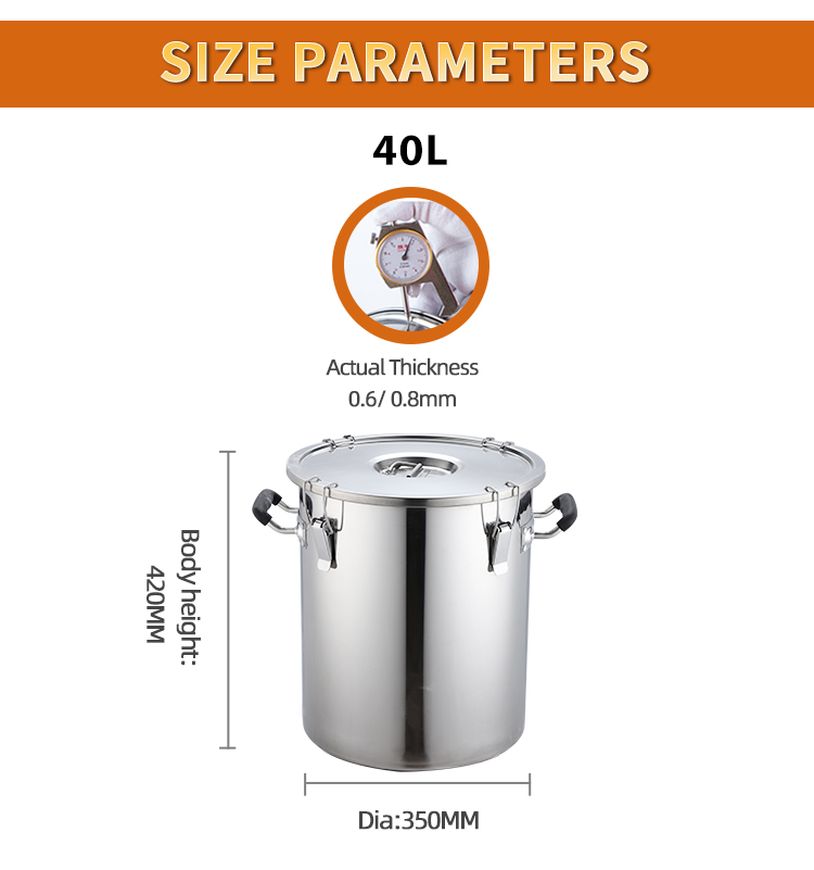 Commercial kitchen large 60L airtight stainless steel container barrel pot with seal lid