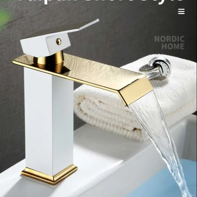 Luxury home fashion style high quality white gold basin faucets black gold color waterfall bathroom faucet