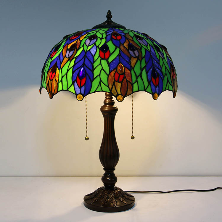 LongHuiJing Vintage Tiffany Style Peacock Feather Design Stained Glass Lampshade Table Lamps