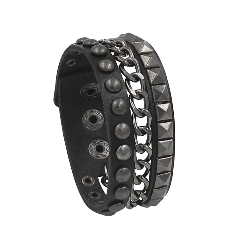 Neuer Vintage-Stil Leder Steppspitzen Rivettenketten gotische breite Manschettenwickel-Armband für Party Herrenmode Schmuck