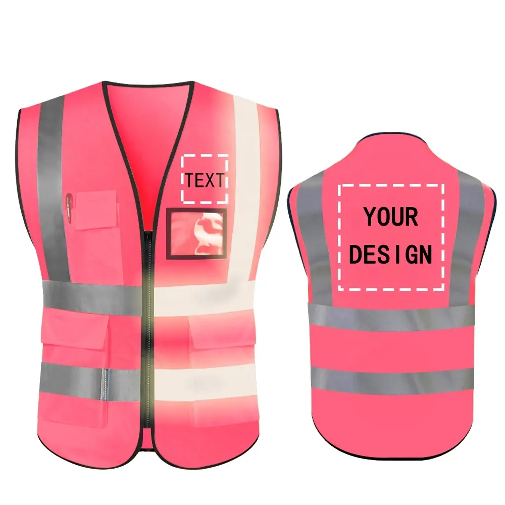 Hoge Kwaliteit Custom Logo Print Gepersonaliseerde Ontwerp Zichtbaarheid Reflecterende Roze Veiligheidsvest Voor Vrouwen