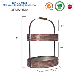 镀锌红色金属椭圆 2 层果盘，站在托盘手柄派对 - Product Image 2