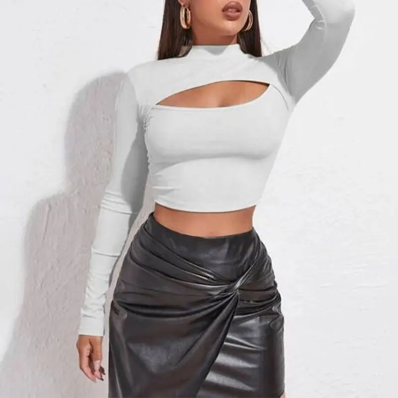 Último Diseño de manga completa negro frente recortado mujer Crop Top/precio barato cuello redondo Slim Fit acanalado Crop Top