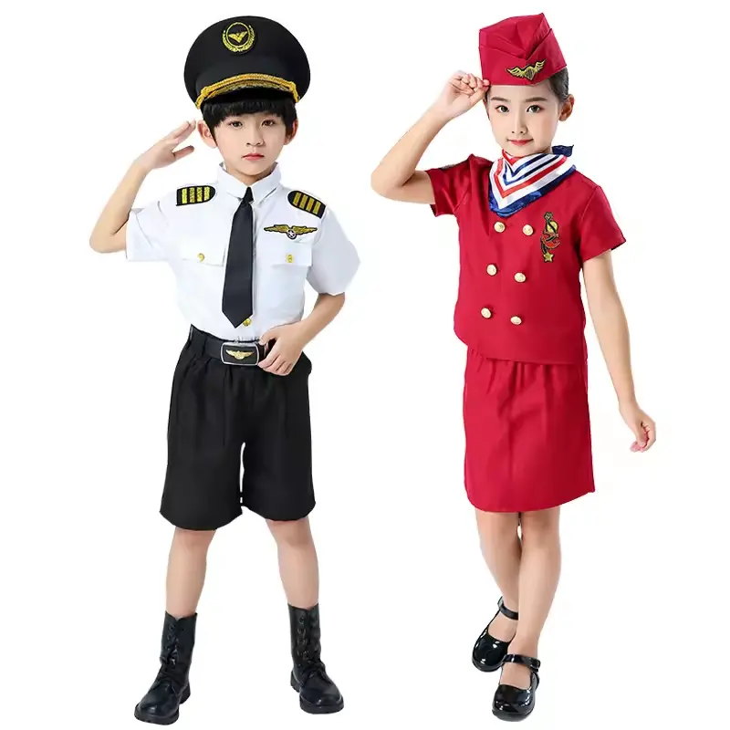 Fantasia de aeromoça cosplay para o dia das crianças, fantasia de piloto, fantasia de Halloween para crianças, fantasia de disfarce, menina, menino, capitão de aeronaves, roupa chique