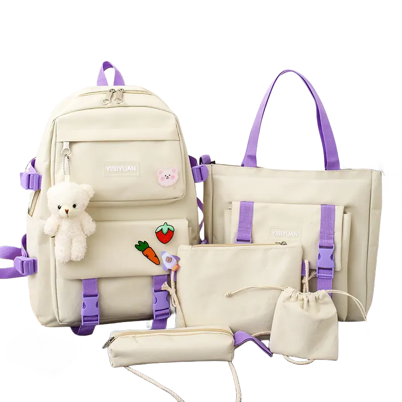 BEYOND 5 Pcs Girls Casual Custom Fashion Pink Travel School Bag Backpack Set for Student Girls Fabric