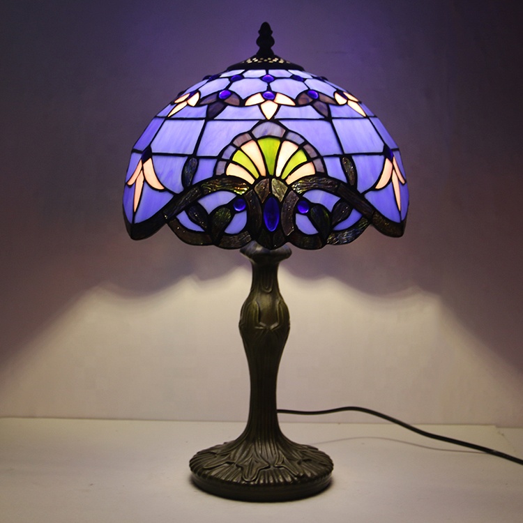 LongHuiJing Tiffany Lamp Stained Glass Desk Lamps 18 Inch Tall Blue Purple Baroque Shade