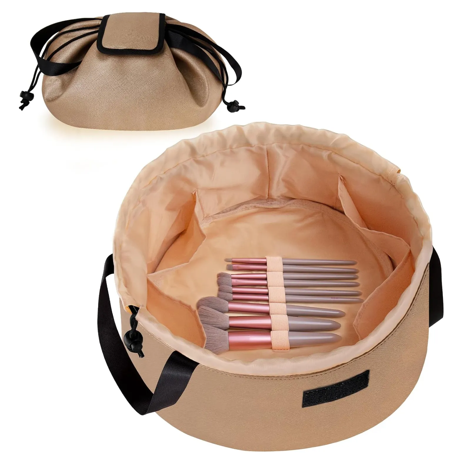 Grand sac à cosmétiques organisateur de maquillage étanche en cuir avec cordon de serrage pour brosses de voyage et articles de toilette