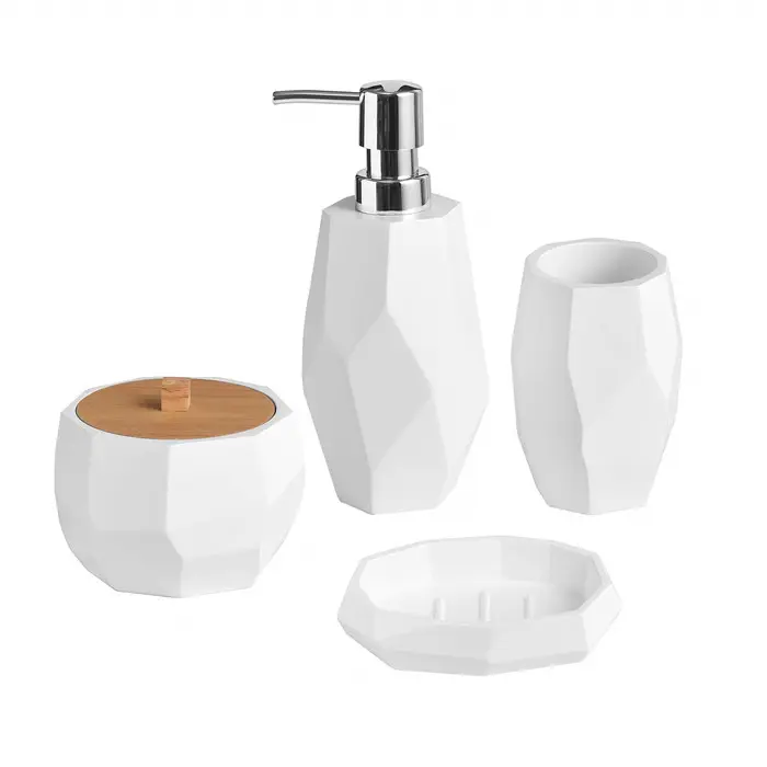 Polyresin/resina set da bagno di Casa Facet Asimmetrico Bianco Della Resina Accessorio per il Bagno Completo Set.4 Pezzi di Raccolta. Sapone o Lozione