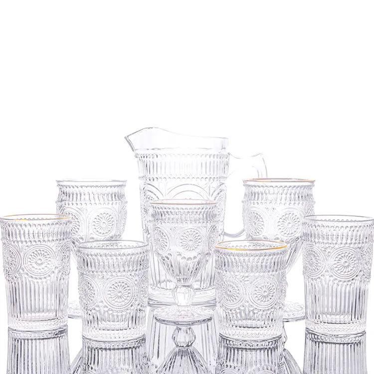 Vintage goffrato girasole modello vetro trasparente brocca di vetro brocca di acqua brocca e bicchiere di vino Set di tazze