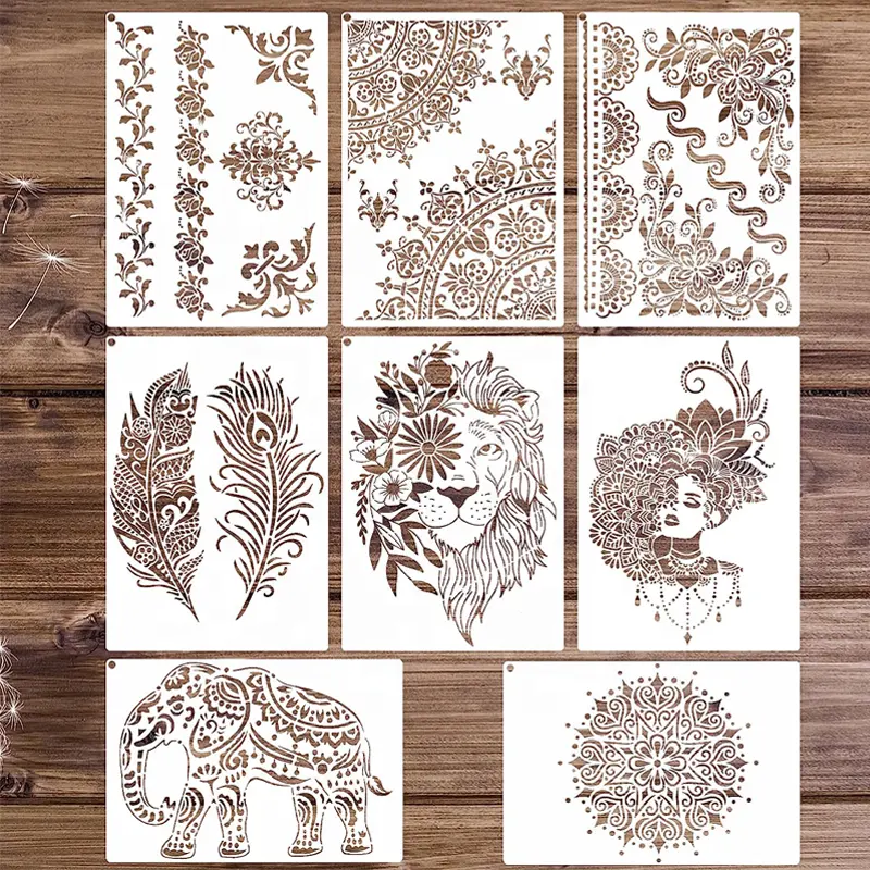Lớn tái sử dụng Pet Mandala Stencil templates Elephant vẻ đẹp sư tử lông biên giới đồ nội thất stencils cho trang trí nội thất
