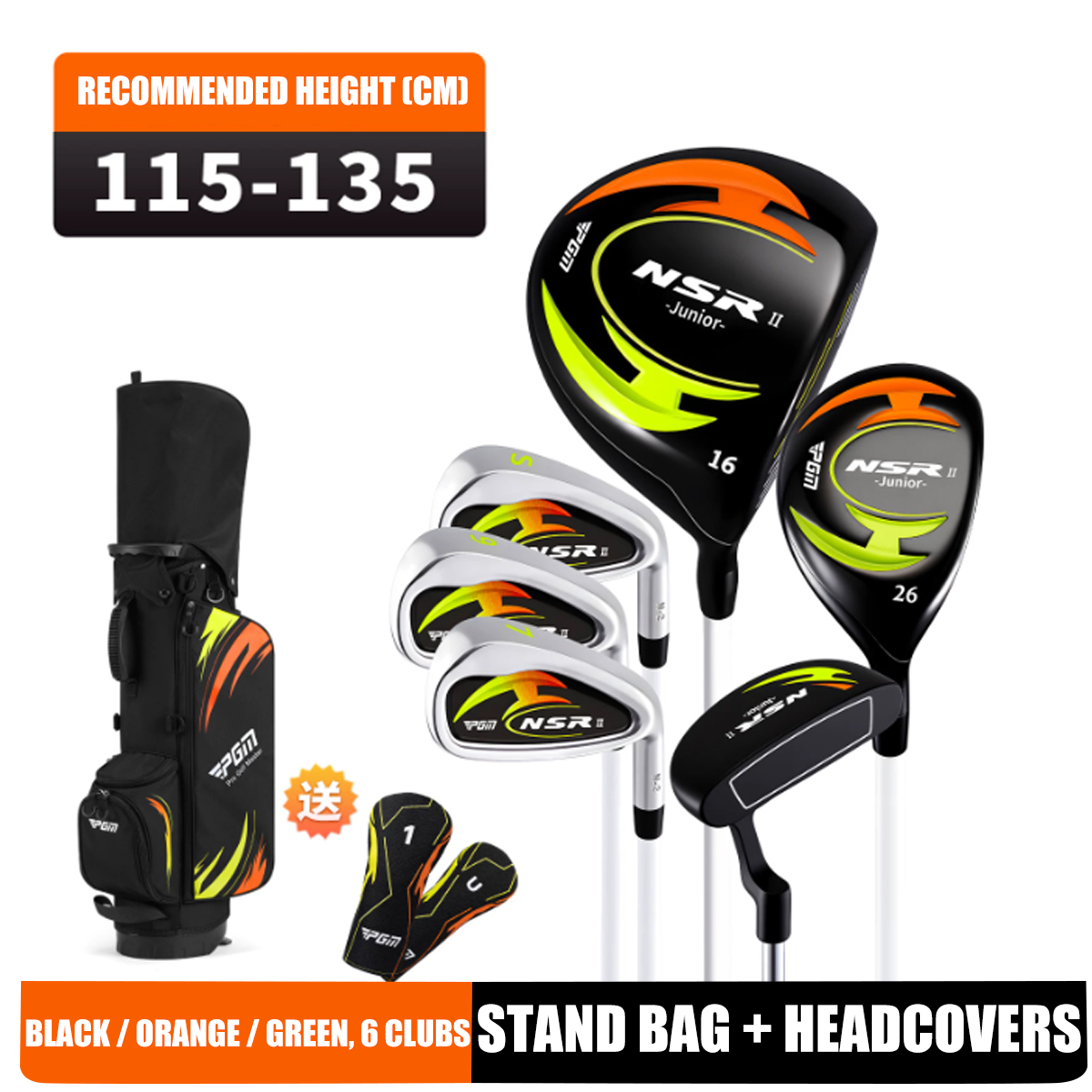 115-135 cm 6 clubs + sac de support noir/orange/vert