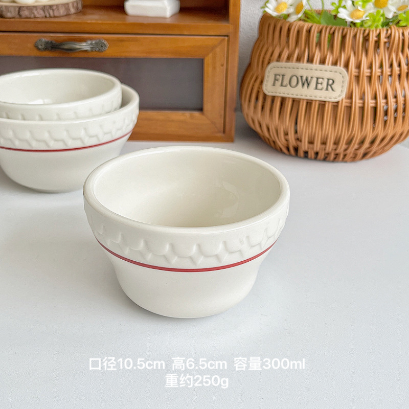 A 4-inch bowl with red line relief