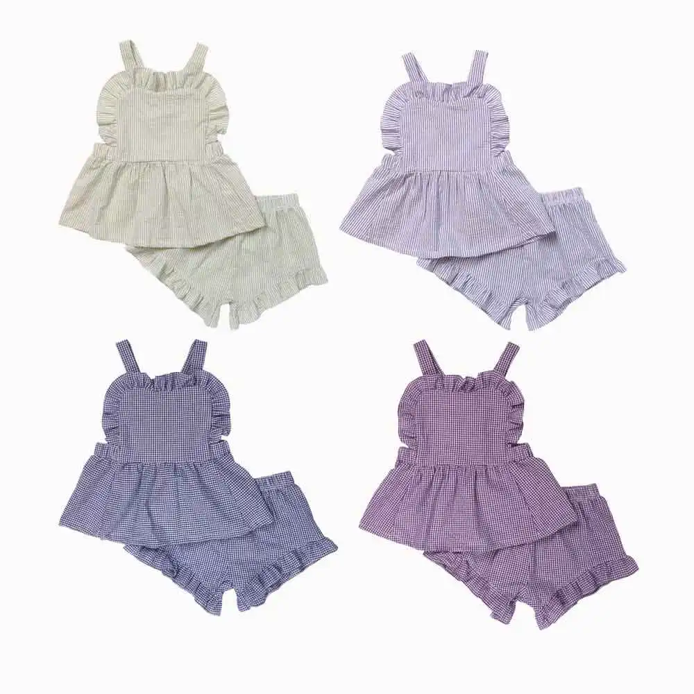 Toptan yaz gofre çocuk bebek takım elbise kolsuz çocuk setleri butik sevimli kız şort fırfırlı giysi