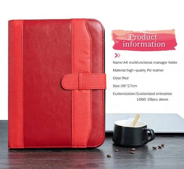 Kustom penjepit kulit PU merah Folder dokumen A4, Padfolio dengan kalkulator untuk hadiah promosi, bantalan ritsleting untuk wanita kulit