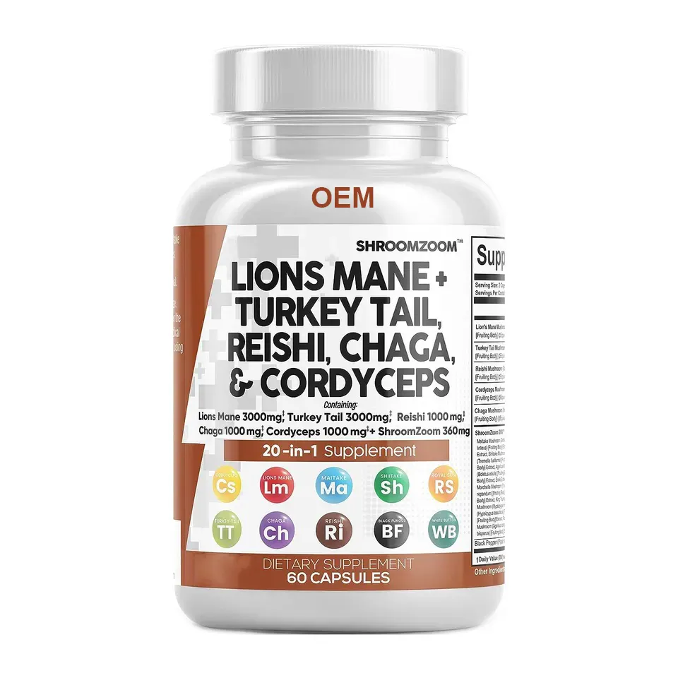 Oem Leeuwen Manen 20in1 Champignonsupplement Met Kalkoenstaart Reishi Chaga En Cordyceps Capsules Voor Cognitieve Energiefocus