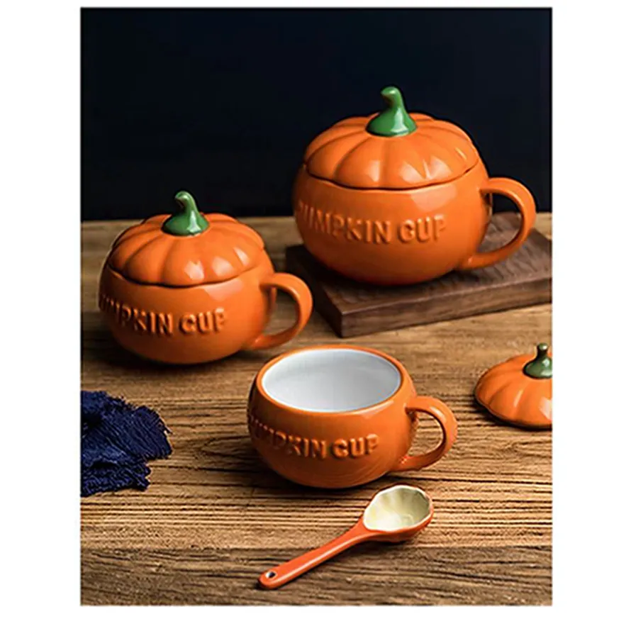 Caneca de café com tampa para presente de Halloween de Ação de Graças, utensílios de mesa personalizados de cerâmica de abóbora e sopa de cereais