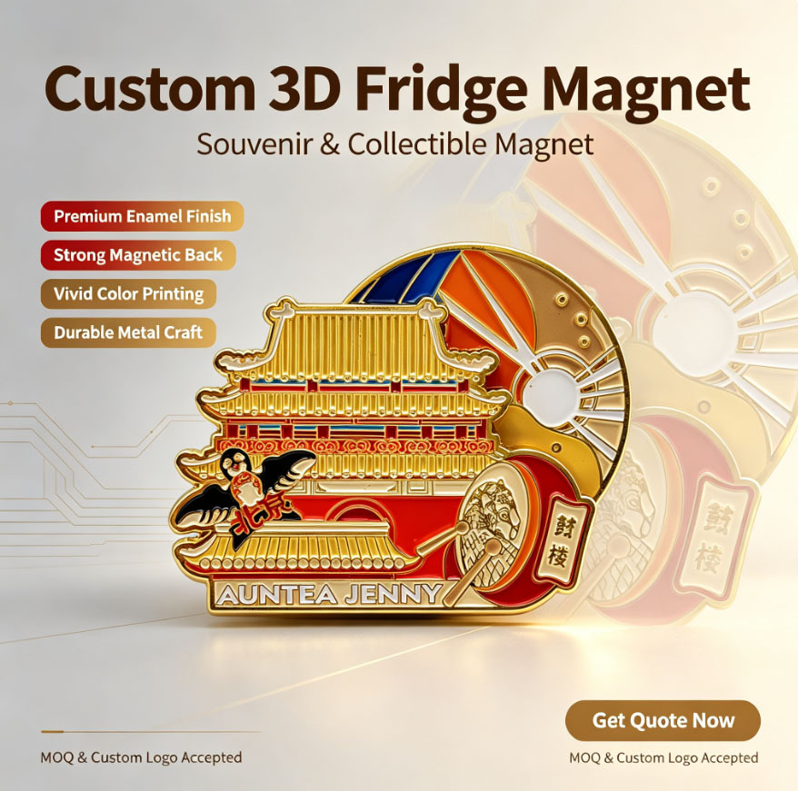 Imán de nevera 3D personalizado, esmaltado, de metal resistente, artesanal, souvenir