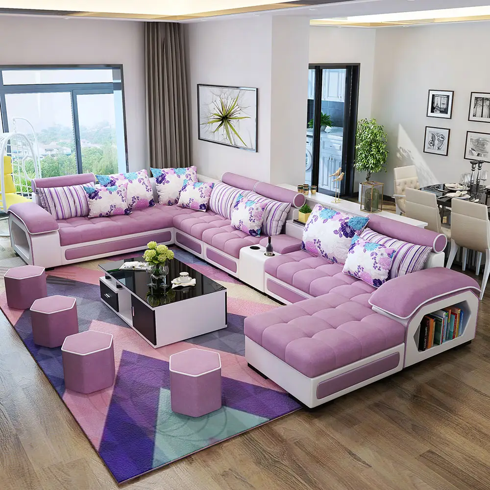 Moderno Custom Sezionale Mobili Soggiorno Rosa Divano Letto In Tessuto di Velluto 7 Set 7 Posti Divano Set Mobili Soggiorno divani