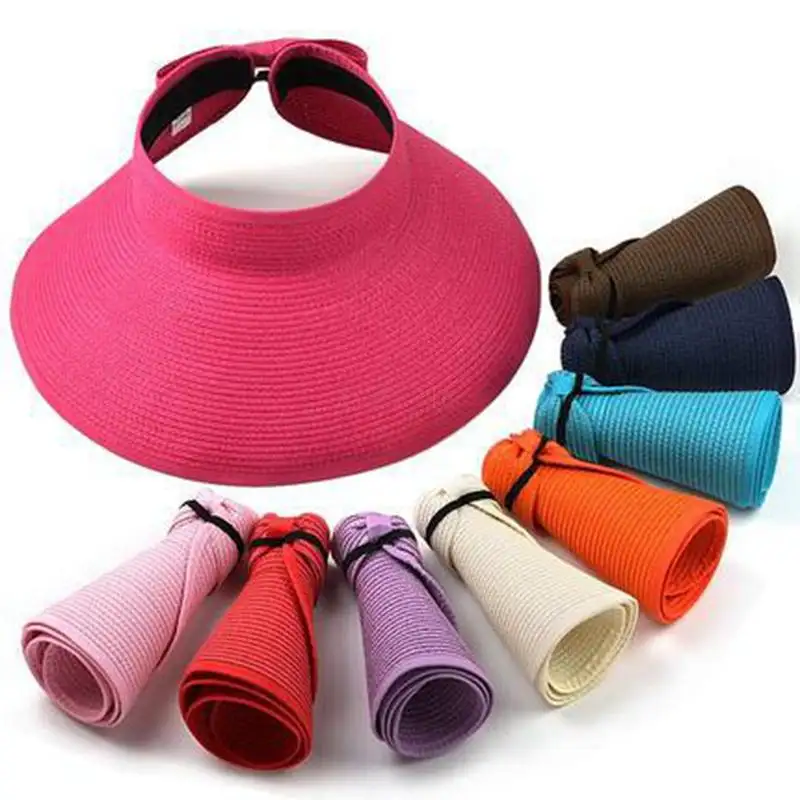 Q412 Lady Sunscreen Floppy Straw Visor Plegable Verano Gran ala ancha Sombrero de playa Bowknot Roll Up Straw Visor Hat para mujer