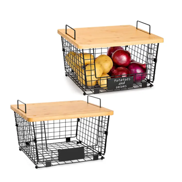 ハンドルと木製のふた付きの収納バスケット用の2つの野菜折りたたみ式収納ボックスのセット