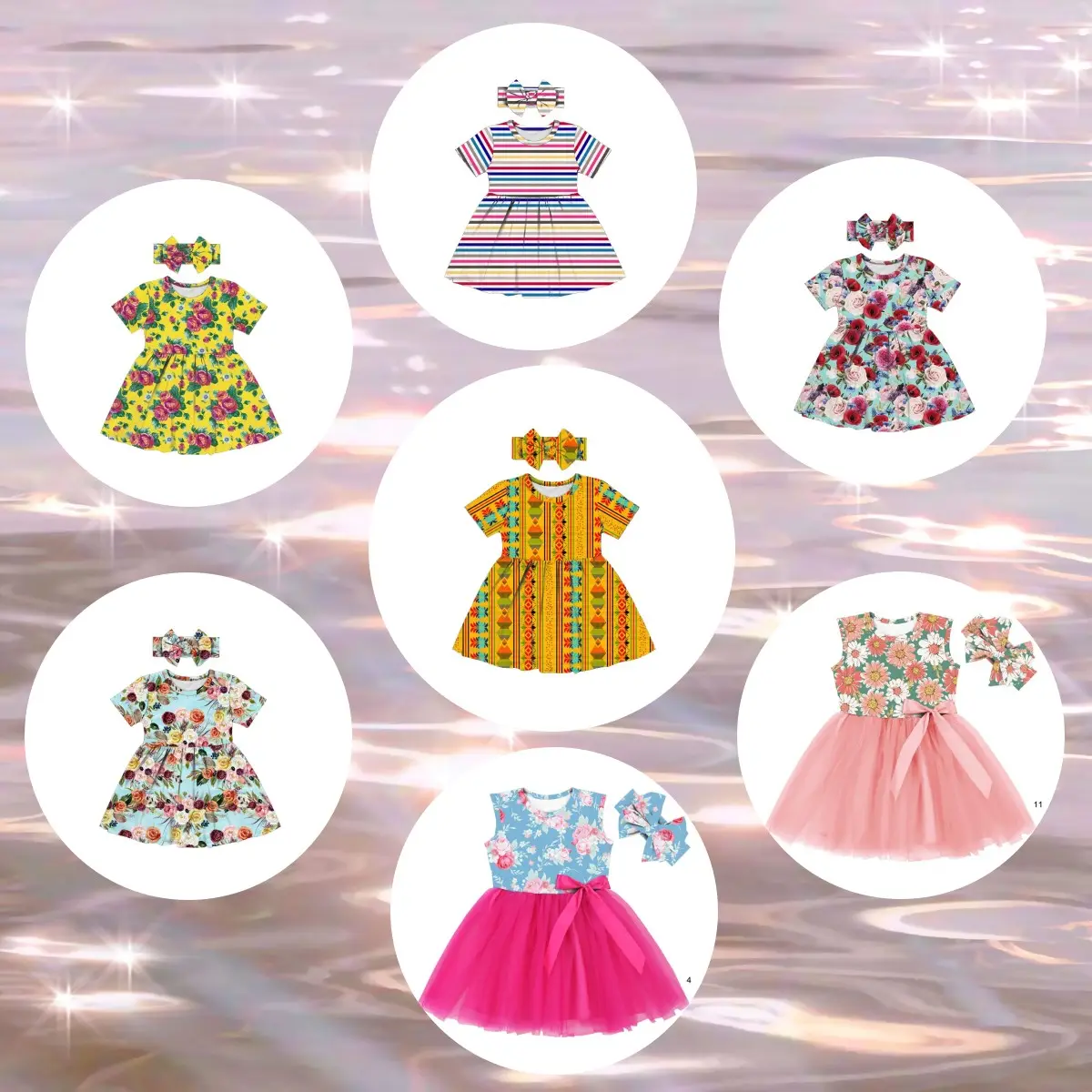 Yiwu Yiyuan Garment custom print children's twirl dress summer short sleeve dress girls dresses for girls of 7 years old