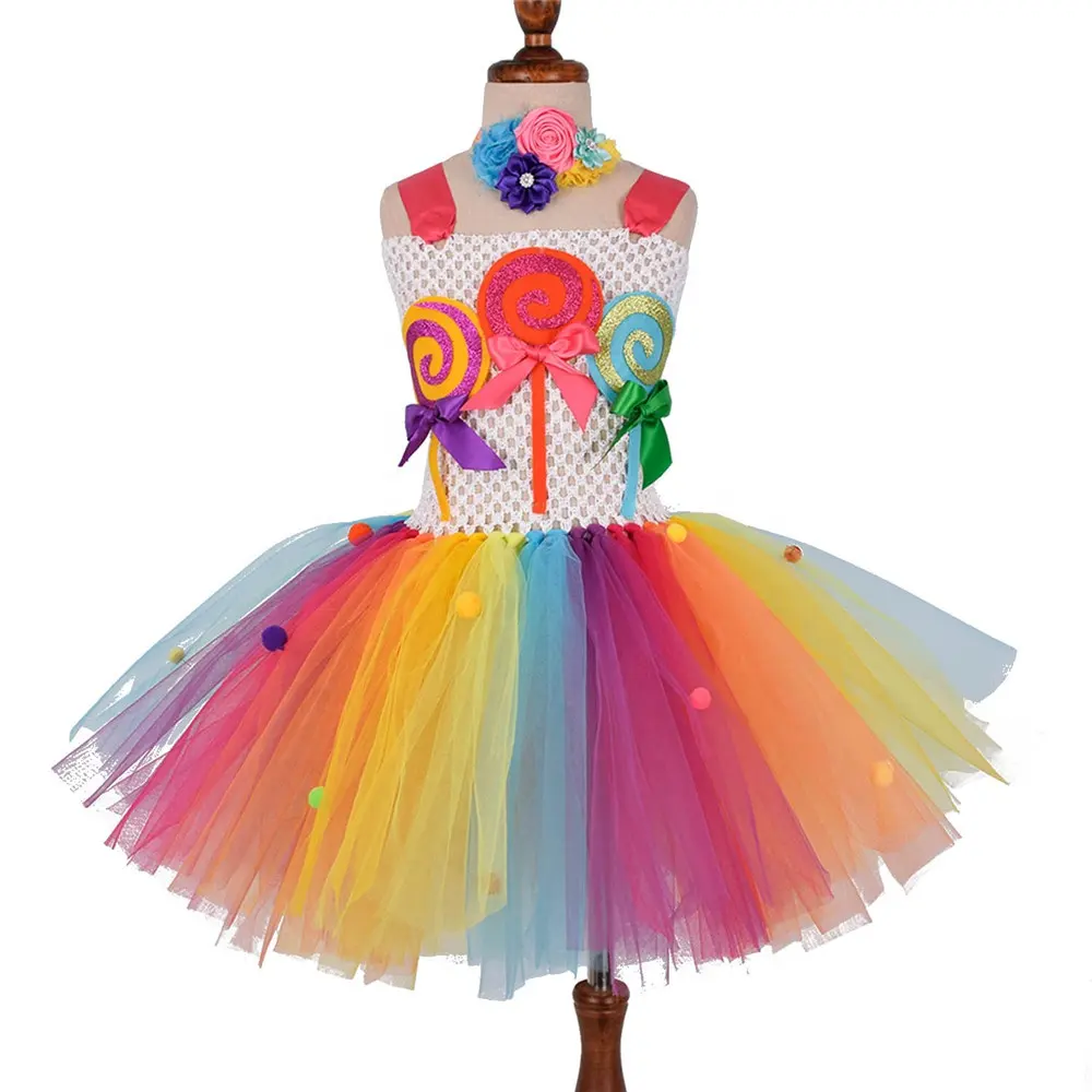 Colorato natale carino bambini caramelle Cosplay Tutu vestito ragazze strisce fatte a mano Tulle Fluffy Princess Theme Party Lollipop Dress