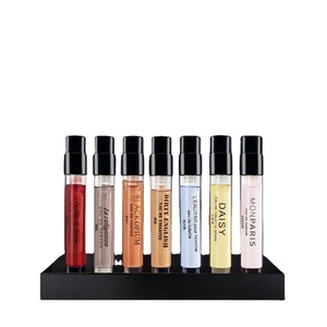 Frascos de Vidro Mini Para Amostra de Perfume 1ml 2ml <span class=keywords><strong>2</strong></span>.5ml Atacado Com Válvula Spray e Tampa Preta Baixo MOQ Em Estoque Logo Serigrafado - Product Image 1