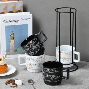 Ins图案陶瓷OEM陶瓷4件套堆叠咖啡杯定制马克杯带铁架 - Product Image 6