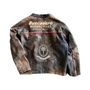 نمط الهيب هوب خمر جلد الغنم سترة مفجر جلدية الوقوف طوق سستة إغلاق التطريز الشتاء جاهزة OEM الخدمة المتاحة - Product Image 4
