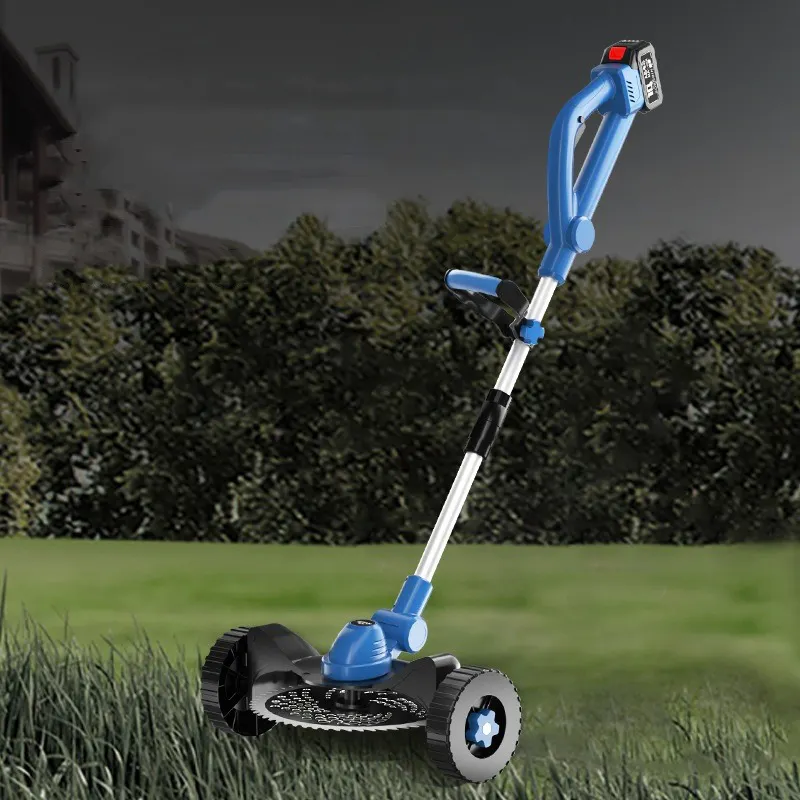 Mesin pemotong rumput elektrik tanpa kabel, alat potong rumput portabel dengan roda panjang dapat diatur