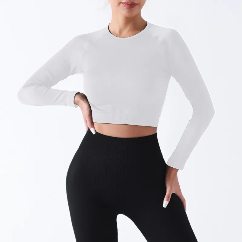 Round Neck Yoga Slim Fit Waist Tight Slim Short Sports Long Sleeve Elastic Fitness Yoga Top for Women