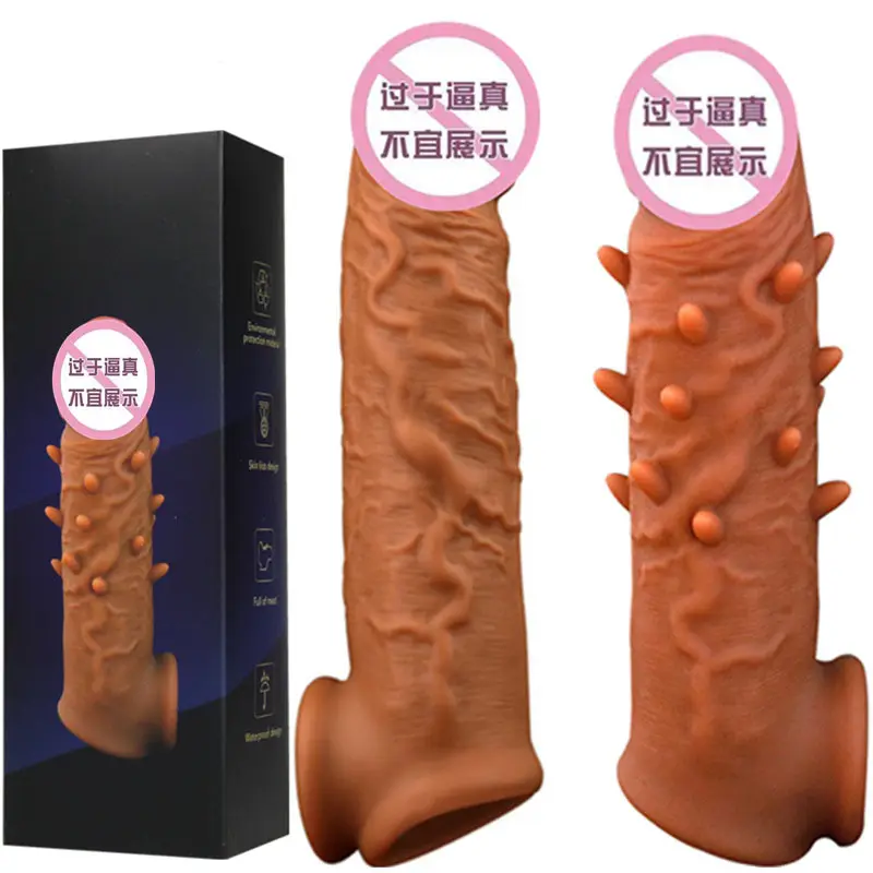 Erkekler için gerçekçi prezervatif kullanımlık Penis kollu erkek sıvı silikon yapay Penis artırıcı büyütme prezervatif erkek horoz seks oyuncakları