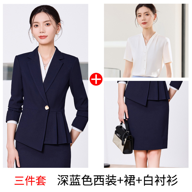 Three-piece suit: dark blue suit skirt and white shirt