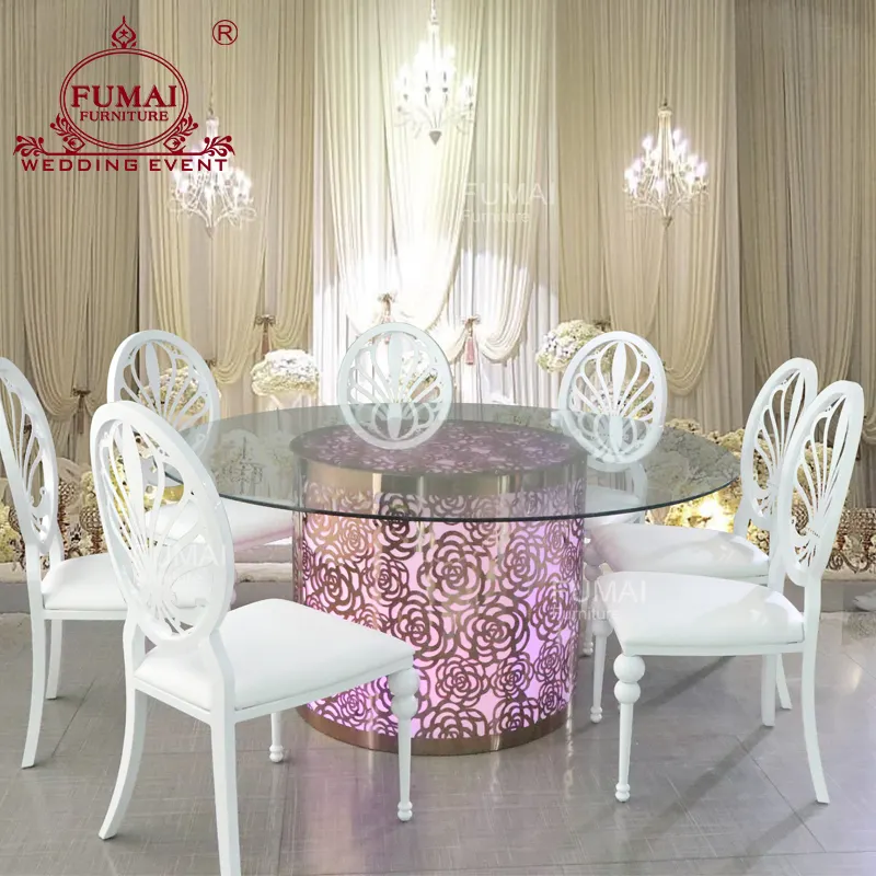 Mesa de jantar de vidro temperado padrão flor, mesa redonda rosa dourada com luz led