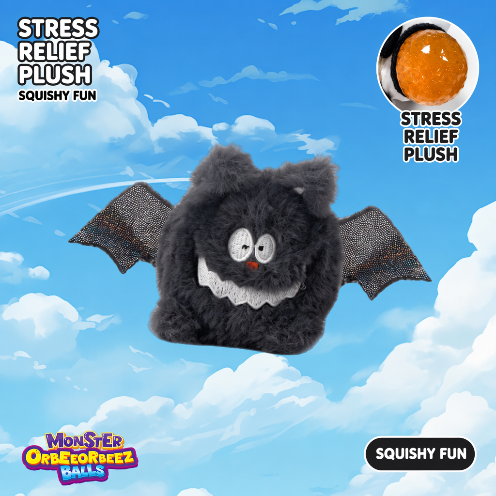 Pelota antiestrés de peluche con forma de murciélago.
