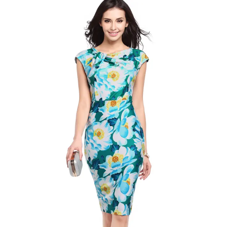 Frauen drucken Blumen Bleistift kleid Sommer elegante Bodycon grün O-Ausschnitt Arbeit Büro Party tragen Kleider für Frauen Kleidung