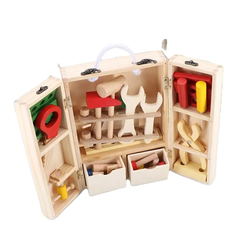Kotak peralatan perbaikan anak, kayu, Set Aksesori mainan konstruksi pendidikan DIY portabel simulasi Puzzle untuk anak-anak