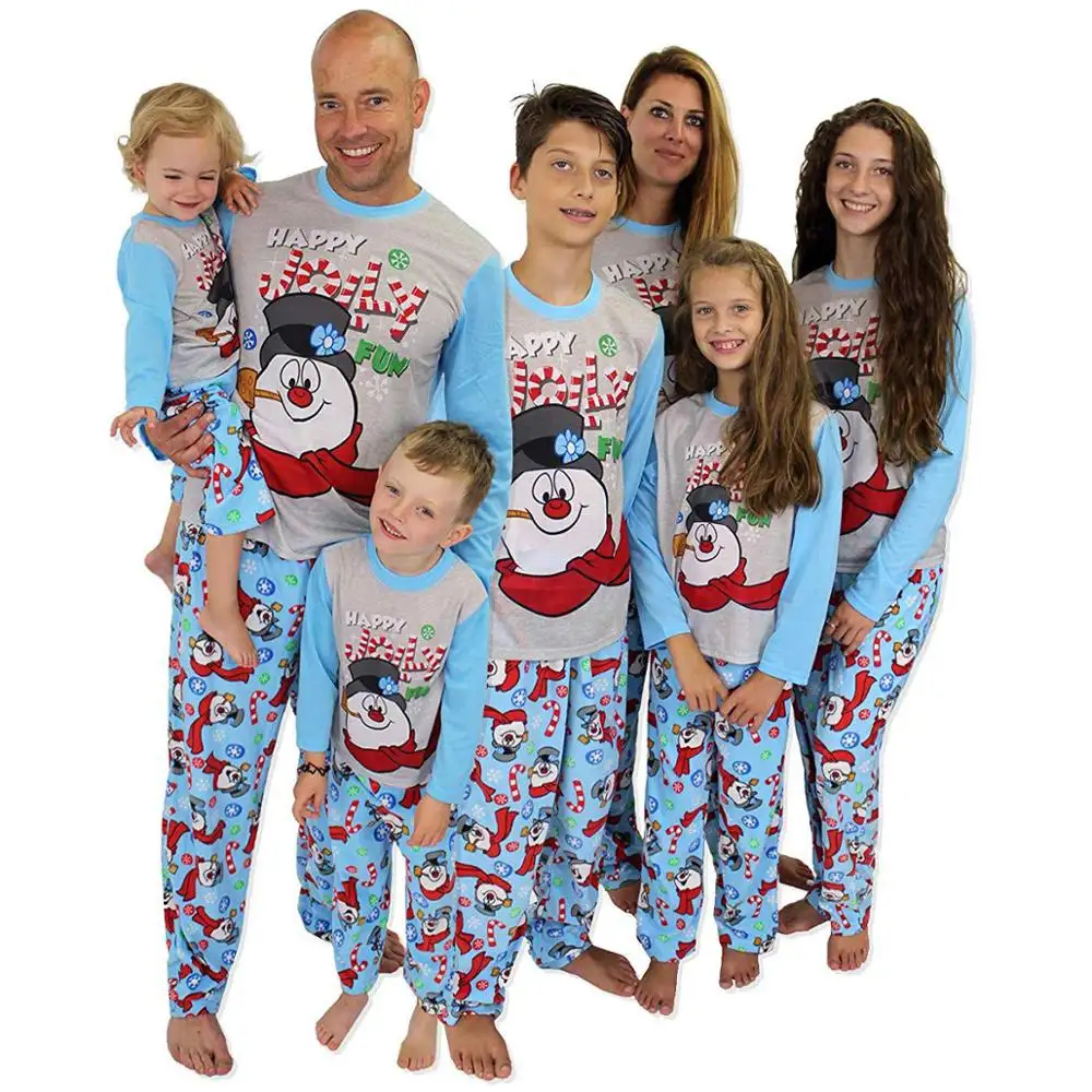 Wholesale High Quality Christmas Pajamas Set Family Sleepwear for Dad Mom Kids Sky Blue Snowman Printed Christmas Pajamas Sets