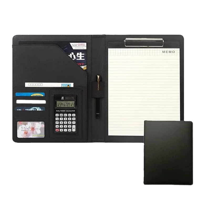 Cartera de cuero Carpeta Organizador Ejecutivo Negocios Reanudar Padfolio con calculadora Logotipo Personalizado 1PC/PE Bolsa