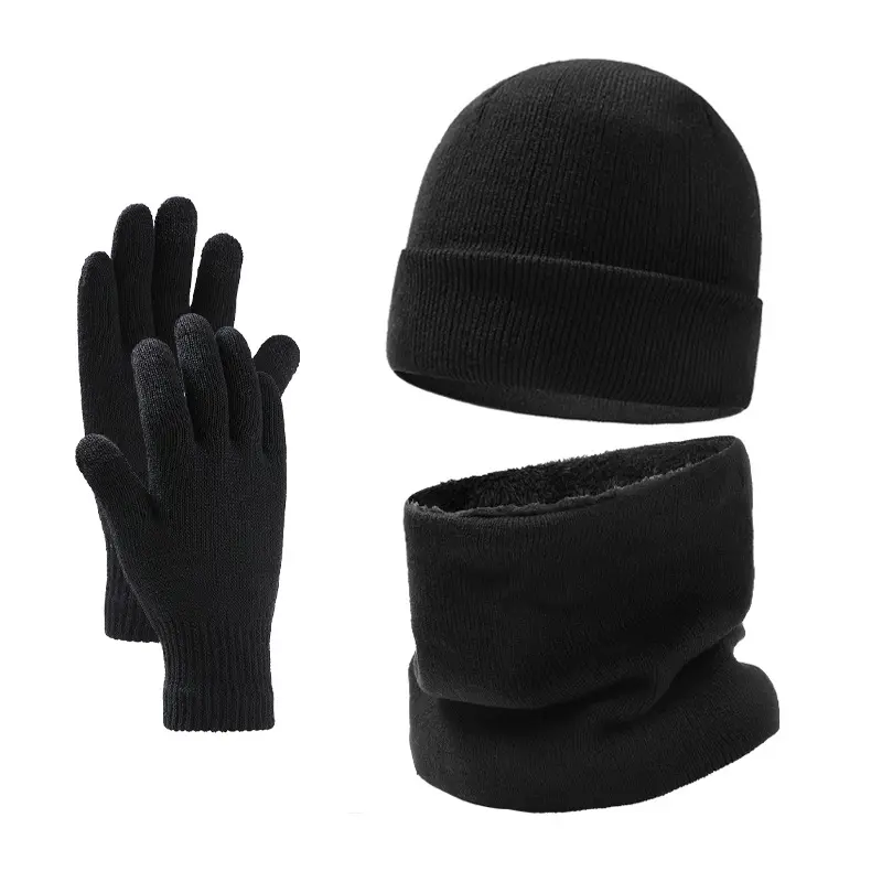 Sıcak örgü şapka rahat düz kasketleri kalın polar kış şapka eşarp eldiven 3 adet Set
