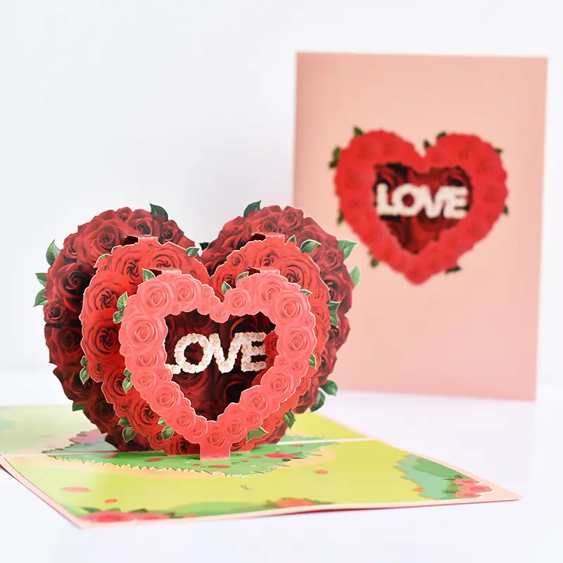 Tarjeta 3d emergente creativa de alta calidad para el Día de San Valentín, tarjetas Pop-Up con corazón, tarjetas de felicitación 3D personalizadas