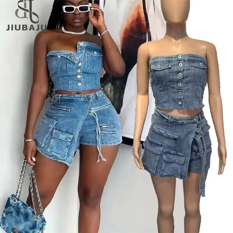 Conjunto jeans feminino de 2 peças com botões e bolsos de carga, moda de 2 peças, novidade em 2024, shorts de saia, bolsos de carga