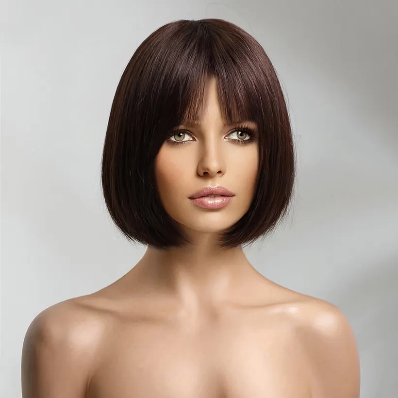 10 Zoll kurze Bob Perücke Pony gerade rohe indische Haar Perücken 100% menschliches Haar Remy Peluca leimlose transparente Spitze Front Perücken