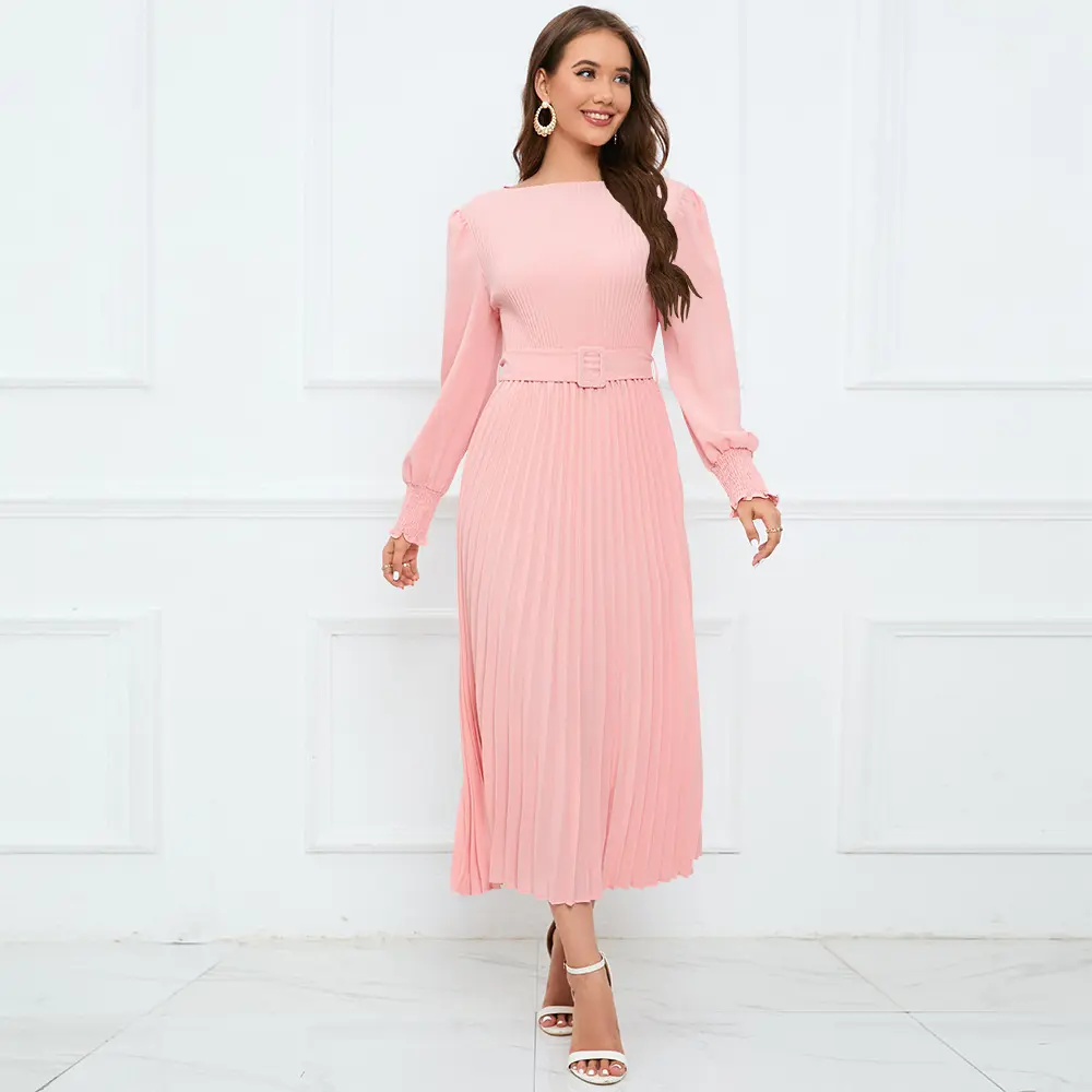 Douces filles rose manches bouffantes robes de soirée à la mode a-ligne robes de soirée jupes plissées à manches longues robe Maxi pour les femmes musulmanes