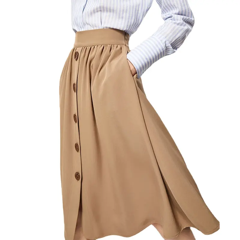 Fashion Knee Length Women A Line Midi Skirt with Buttons