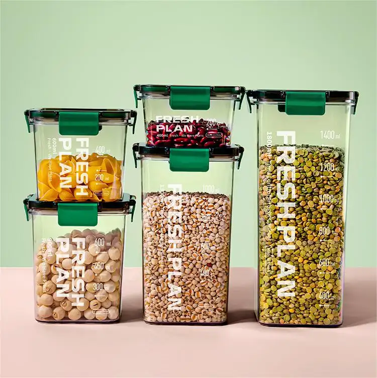 Benutzer definierte BPA Free Plastic Kitchen Organizer Luftdichte Aufbewahrung behälter für Lebensmittel mit Deckel Inklusive Etiketten 1 Marker und Löffel