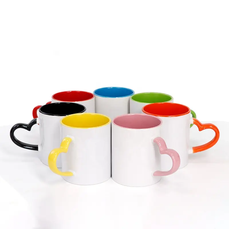 Heiß presse Druck Foto DIY Herzform Griff Innen farbe 11OZ Sublimation Keramik Kaffeetasse Tassen